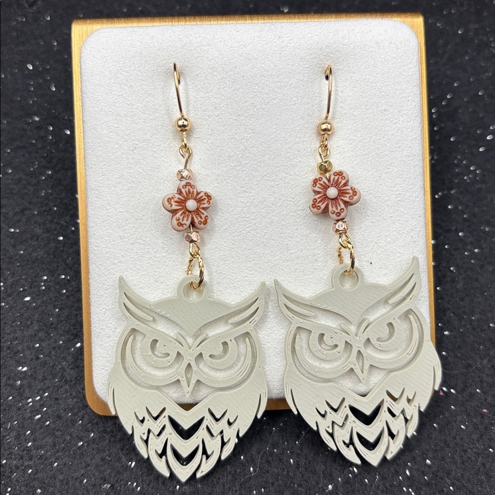 Owl Dangle Earrings | Floral Connector Lightweight Boho Jewelry Gold-Tone Hooks - Picture 6 of 7